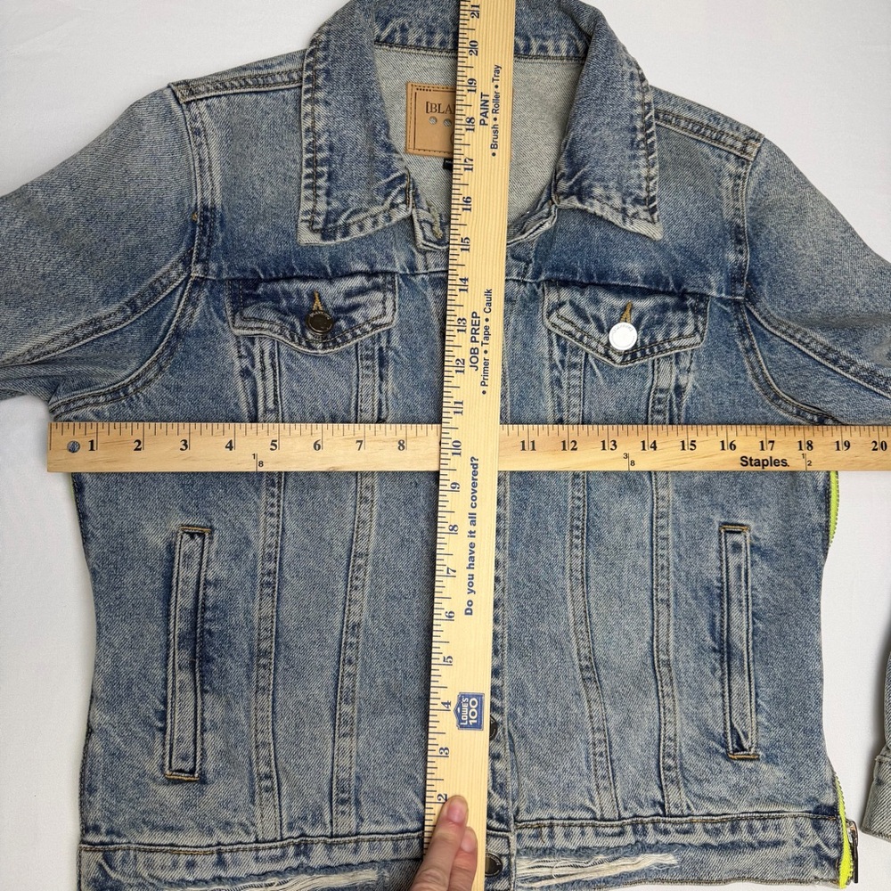 Blank NYC Distressed Denim Jacket Neon Yellow Accent Side Zippers Size Small EUC - Picture 6 of 11